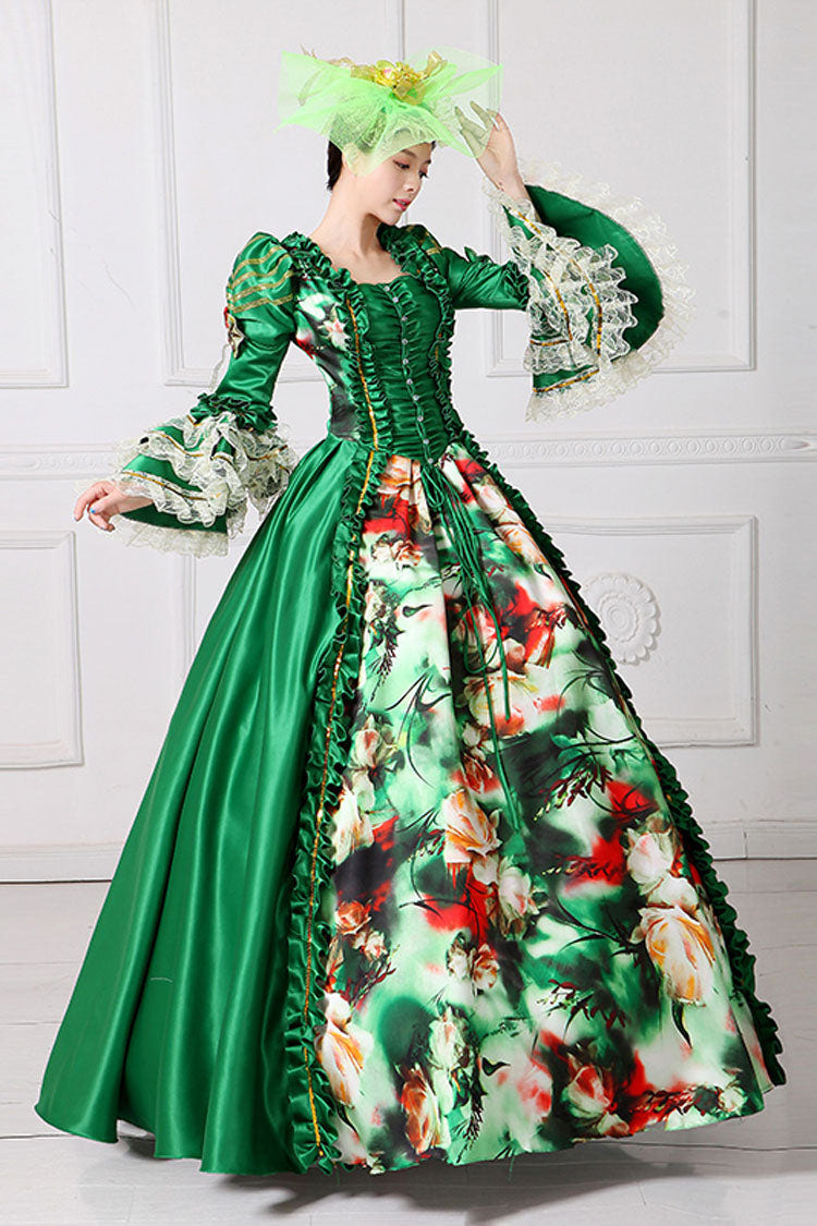 Half Sleeves Multi-Layer Trumpet Sleeves High Waisted Floral Print Victorian Lolita Prom Dress - Green - 7