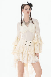 Beige V Collar Long Trumpet Sleeves Multi-Layered Lace-Up Women's Stempunk Blouse - Beige - 1