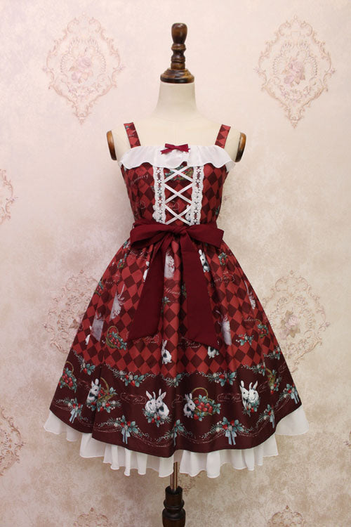 Strawberry Bunny Print Bowknot Ruffled Sweet Lolita JSK Dress 4 Colors - Wine - 1