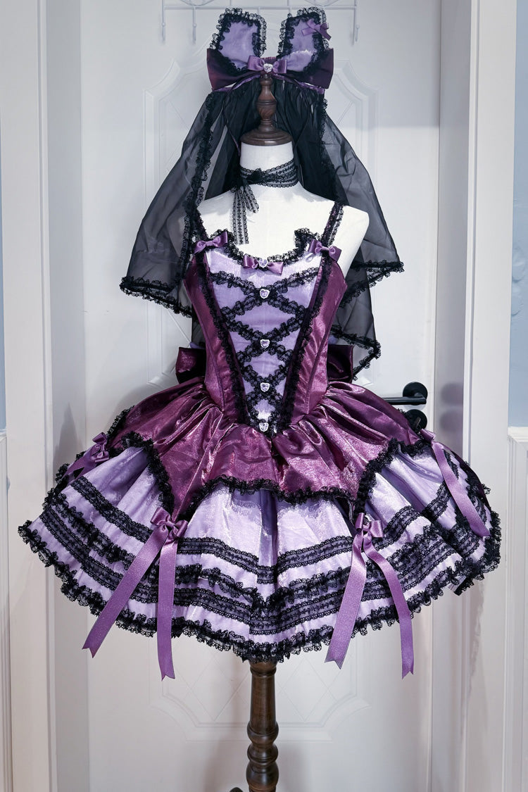 Purple [Jasmine Rain] Square Collar Sleeveless Triple-Layered Polka Dot Printed Ruffled Bow Lace Sweet Lolita Jsk Dress - Purple(Dress-Only) - 1