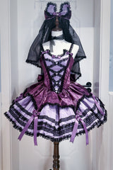 Purple [Jasmine Rain] Square Collar Sleeveless Triple-Layered Polka Dot Printed Ruffled Bow Lace Sweet Lolita Jsk Dress - Purple(Dress-Only) - 1