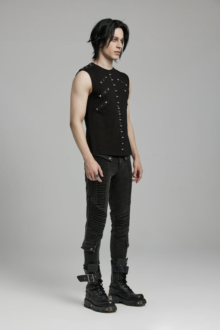 Black Spliced Slim Mesh Eyelet Men's Punk Vest - Product - 3