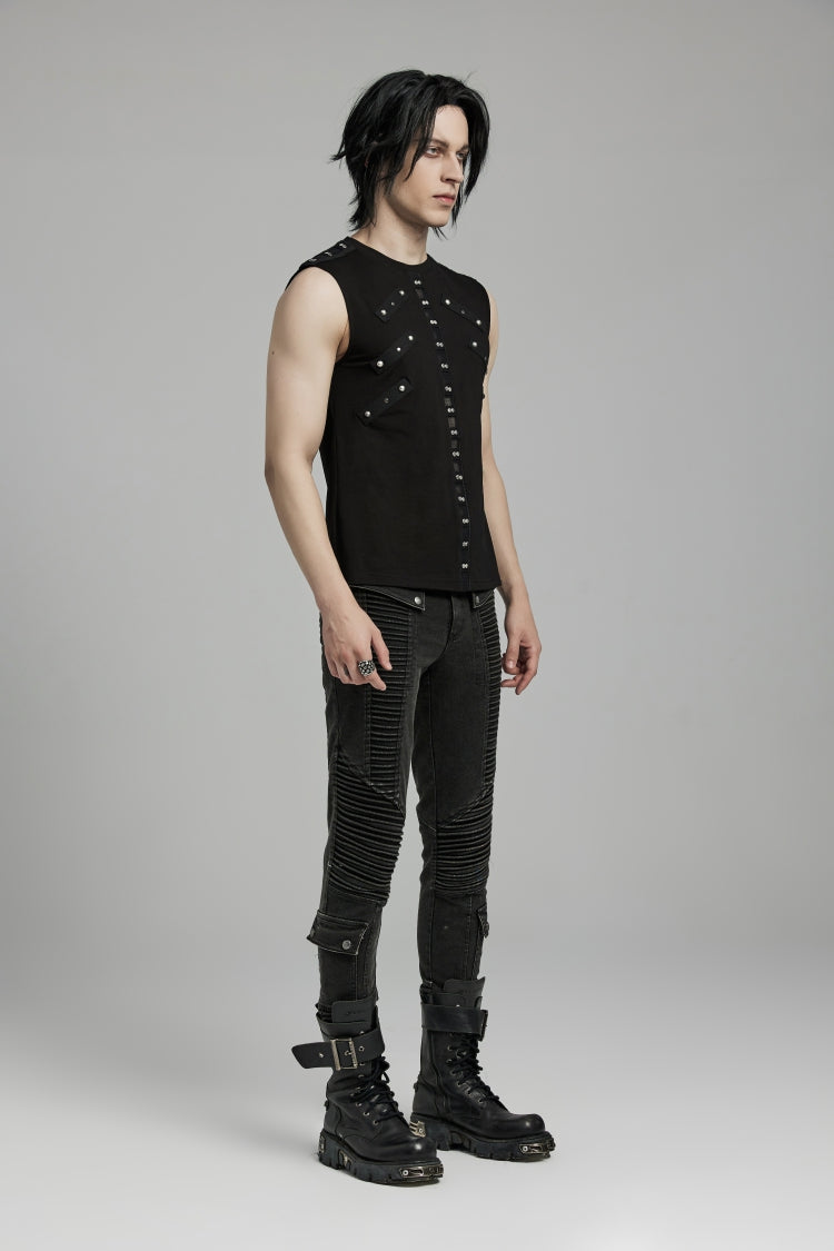 Black Spliced Slim Mesh Eyelet Men's Punk Vest - Product - 3
