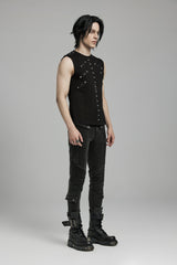 Black Spliced Slim Mesh Eyelet Men's Punk Vest - Product - 3