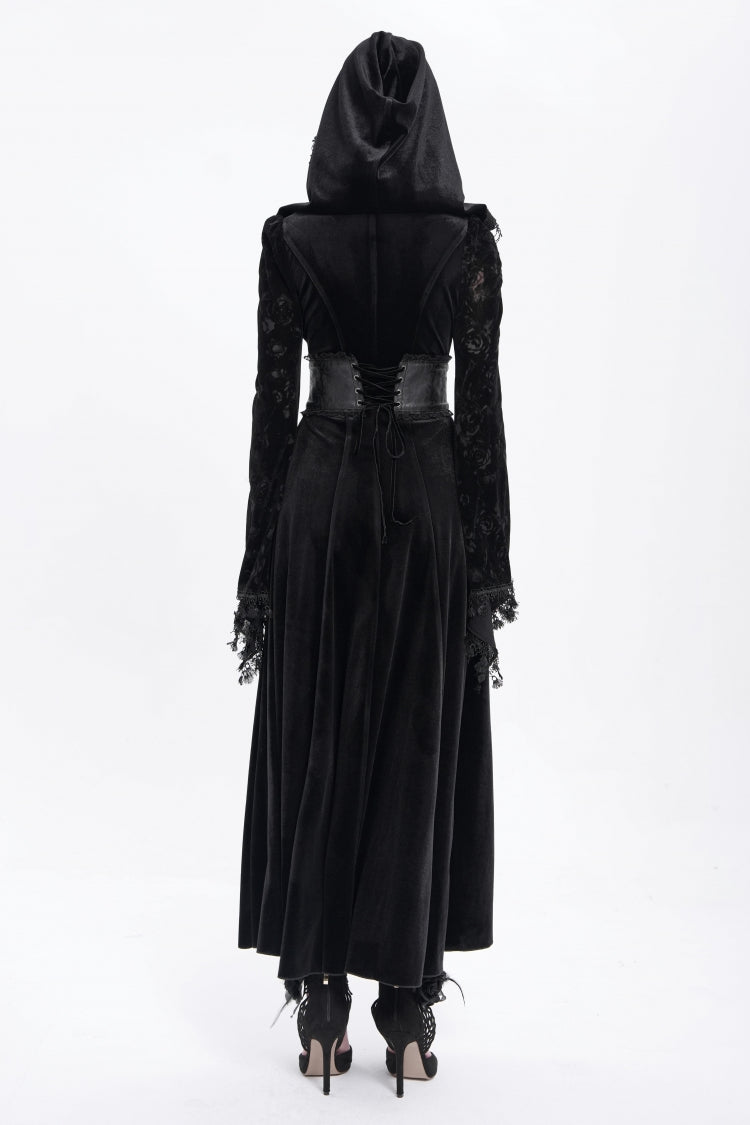 Black Long Sleeves Hollow Embroidery Hooded Ripped Women's Gothic Dress Coat - Product - 4