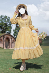 Yellow Long Sleeves Print Ruffle Lace-Up Sweet Elegant Lolita Dress - Product - 4