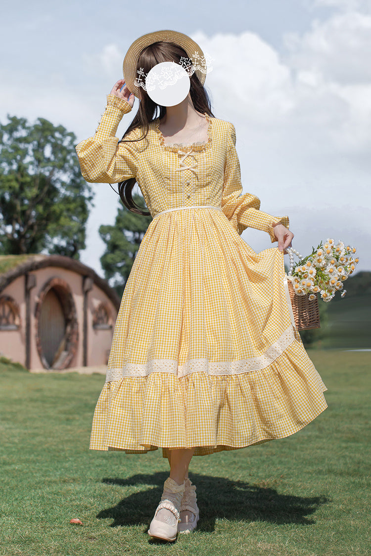 Yellow Long Sleeves Print Ruffle Lace-Up Sweet Elegant Lolita Dress - Product - 4