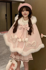 Pink [Sea Salt Guava] Polka Dot Printed Ruffled Bow Hooded Sweet Princess Lolita Dress Cloak Set - Product - 6