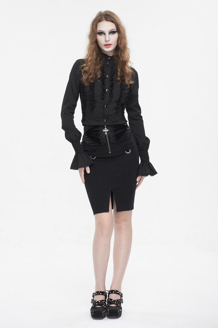 Black Lace Up Floral Embroidered Women's Gothic Split Skirt - Product - 5