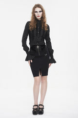 Black Lace Up Floral Embroidered Women's Gothic Split Skirt - Product - 5