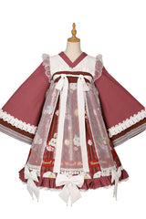 Dark Red Cat Print Chinese Style Bowknot Ruffled High Waisted Long Trumpet Sleeves Sweet Lolita OP Dress - Product - 5