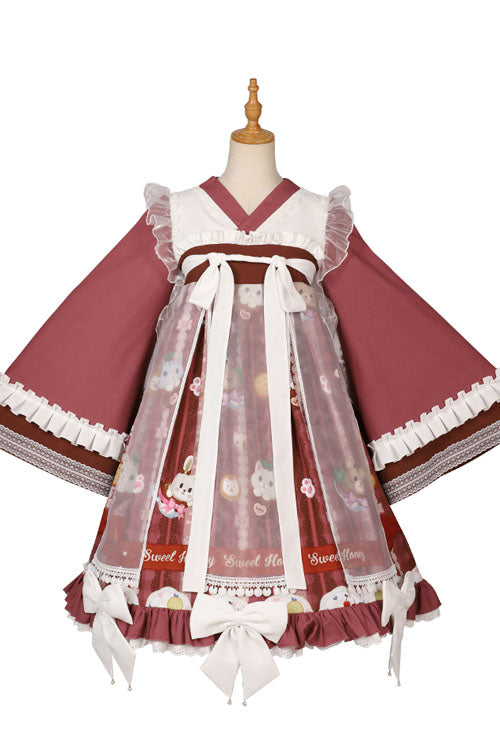 Dark Red Cat Print Chinese Style Bowknot Ruffled High Waisted Long Trumpet Sleeves Sweet Lolita OP Dress - Product - 5
