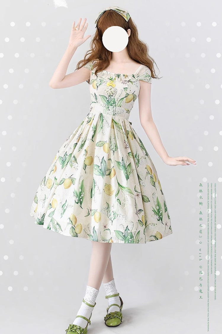 Yellow/Green [Forest Basket] Lemon Print Bowknot Chiffon Sweet Elegant Lolita Jsk Dress - Product - 2