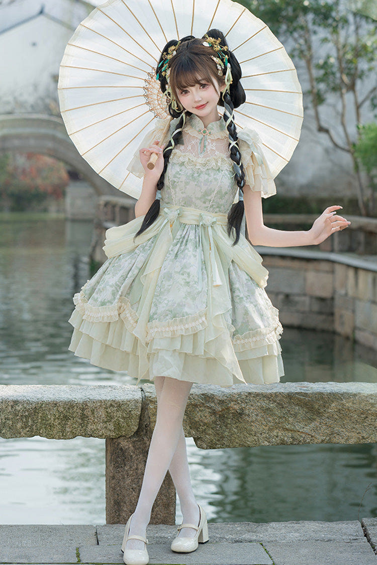 Green Pepper Chiffon Double-Layered Ruffle Bowknot Lace Sweet Chinese Style Lolita Dress - Green - 1