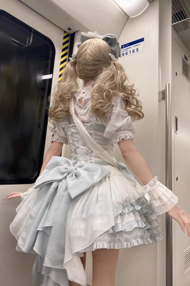 White/Light Blue Multi-layer Ruffle Bowknot Sweet Princess Lolita Jsk Dress (Includes Blouse) - Product - 2