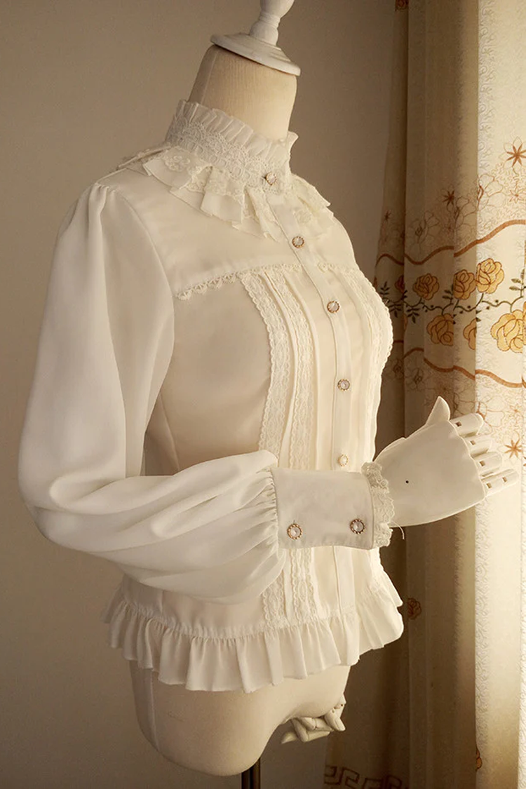 Vintage Princess Stand Collar Long Sleeved Chiffon Lace Lolita Blouse - Product - 2