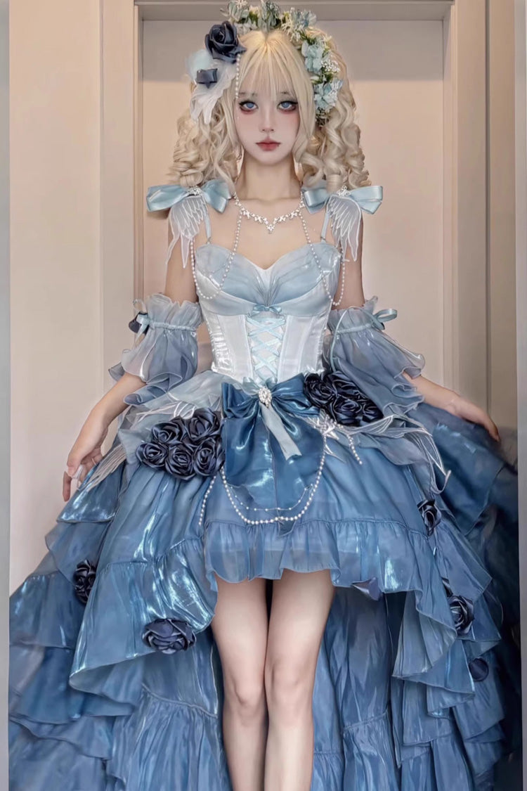 Sky Blue [Swan Wonderland] Embroidery Bowknot Lace-Up Short Front Long Back Irregular Sweet Ballet Lolita Jsk Dress - Product - 3