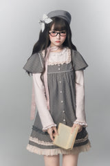 Grey [Polka Dot Bouclé] Round Collar Long Sleeves Printed Ruffled Faux Two-Piece Sweet Japanese Lolita Dress - Product - 2