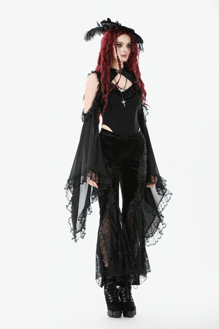 Black Women's Gothic Floral Embroidered Lace Flared Pants - Product - 2