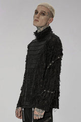 Black High Collar Stitching Ripped Men's Steampunk Blouse - Product - 2