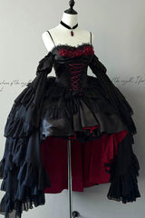 Black/Red [Blood Feast] Halloween Off Shoulder Jacquard Ruffled Lace-Up Gothic Elegant Lolita Jsk Dress - Product - 2