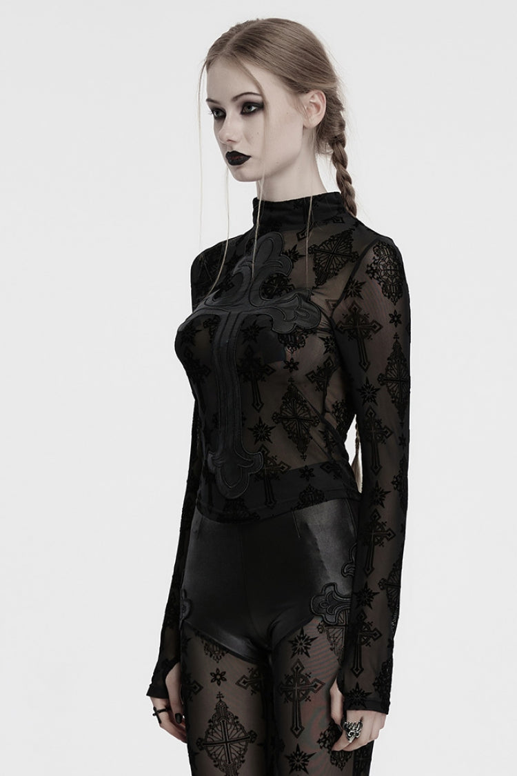 Black Stand Collar Long Sleeves Star Cross Embroidery Sheer Mesh Women's Gothic T-Shirt - Product - 2