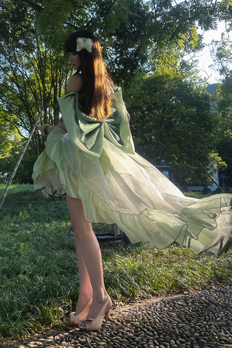 Green [Forest Princess] Off Shoulder Ruffled Bow Patchwork Sweet Lolita Dress - Product - 7