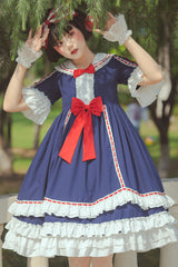 Dark Blue Short Sleeves Hime Sleeves Bowknot Multi-Layer Classic Lolita Jsk Dress - Product - 2