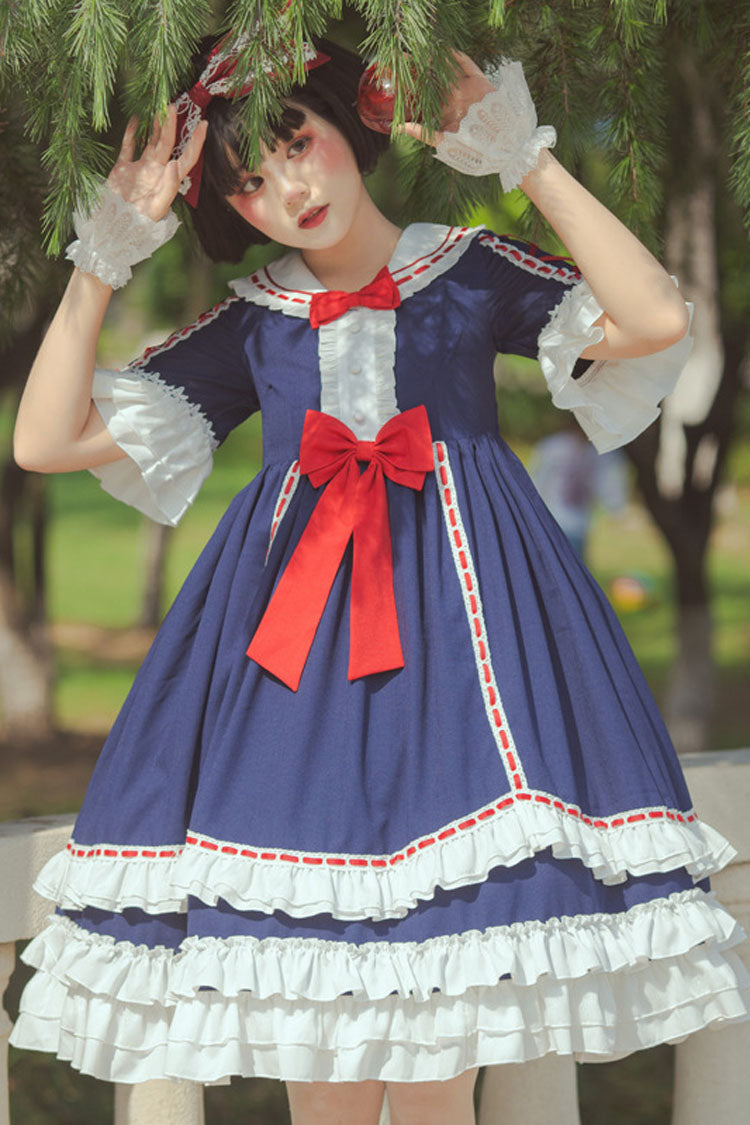 Dark Blue Short Sleeves Hime Sleeves Bowknot Multi-Layer Classic Lolita Jsk Dress - Product - 2