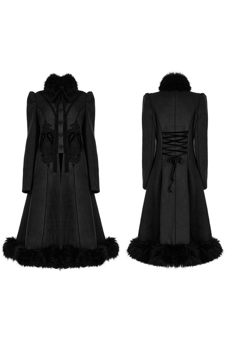 Black Gothic Gorgeous Symmetric Appliqu¨¦ Detachable Big Fur Collar Loose Hem Long Women's Coat - Product - 5