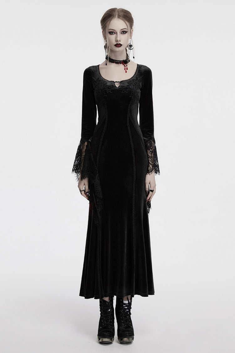 Black Long Sleeves Floral Embroidery Stitching Lace Women's Gothic Gown Dress - Black - 1