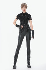 Black Turn-down Collar Short Sleeves Lace-Up Eyelets Women's Punk Blouse - Product - 11