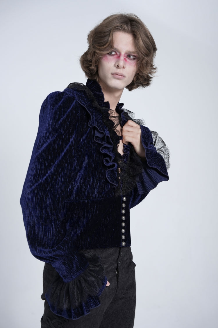 Blue V Collar Long Sleeves Ruffle Stitching Lace Men's Gothic Blouse - Product - 4