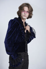 Blue V Collar Long Sleeves Ruffle Stitching Lace Men's Gothic Blouse - Product - 4