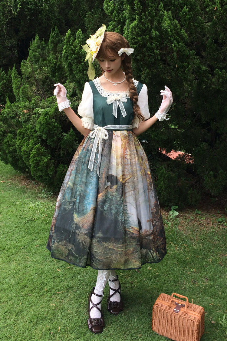 Dark Green [Morning in the Pine Forest] Square Collar Short Sleeves Oil Painting Printed Bow Lace Tie-dyed Sweet Lolita Dress - Product - 2