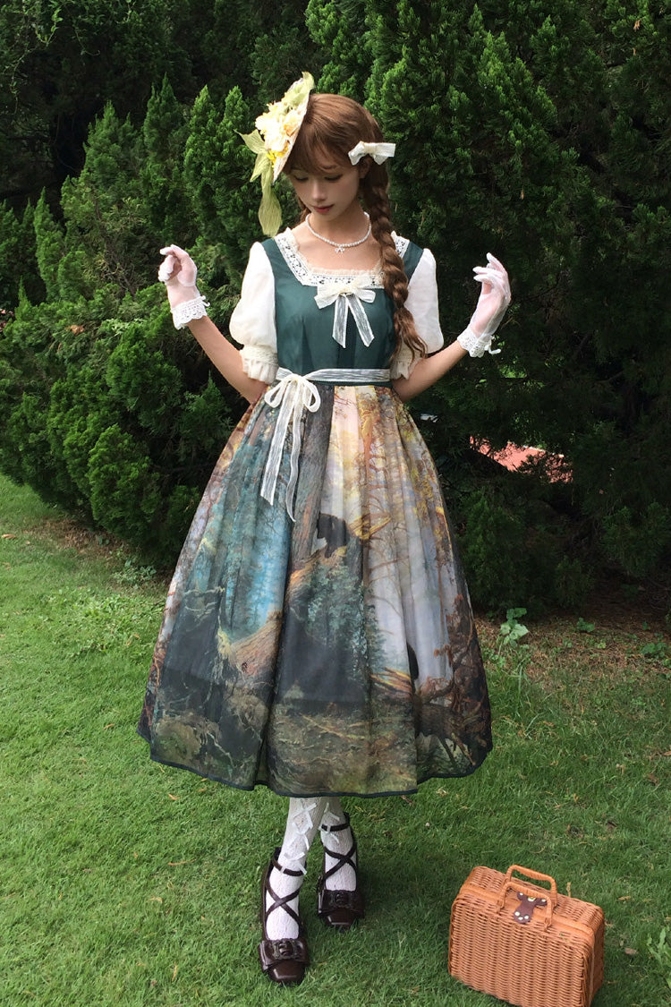 Dark Green [Morning in the Pine Forest] Square Collar Short Sleeves Oil Painting Printed Bow Lace Tie-dyed Sweet Lolita Dress - Product - 2