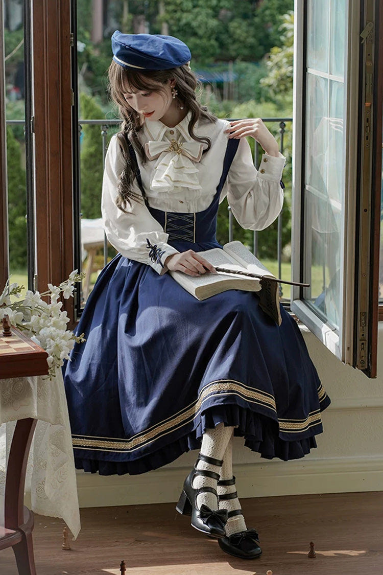 Blue [Choir] Sleeveless Ruffled Lace-Up Classic Military Preppy Style Lolita Bustier Dress Set - Product - 6
