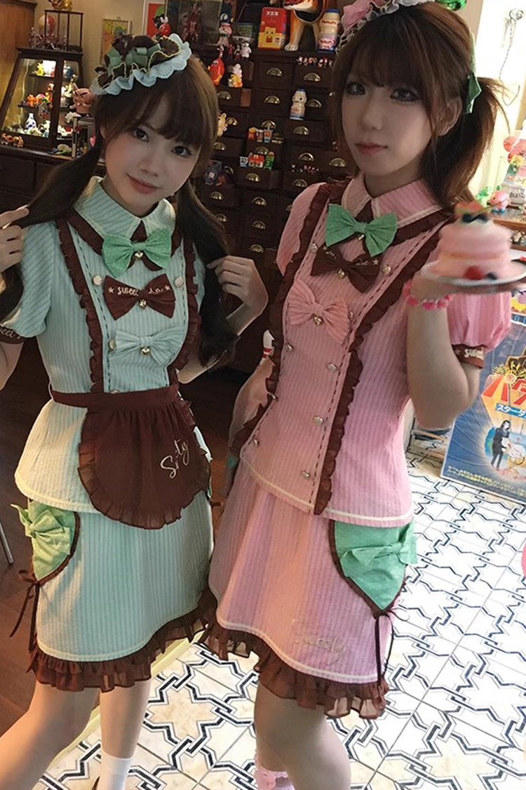 Pink [Sweet Soda] Short Sleeves Print Ruffle Bowknot Apron Sweet Vintage Lolita Skirt Set - Product - 4