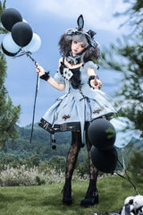 Blue [The Clock Rabbit's Card Game] Sleeveless Jacquard Ruffled Embroidered Bow Lace-Up Gothic Lolita Jsk Dress - Product - 7