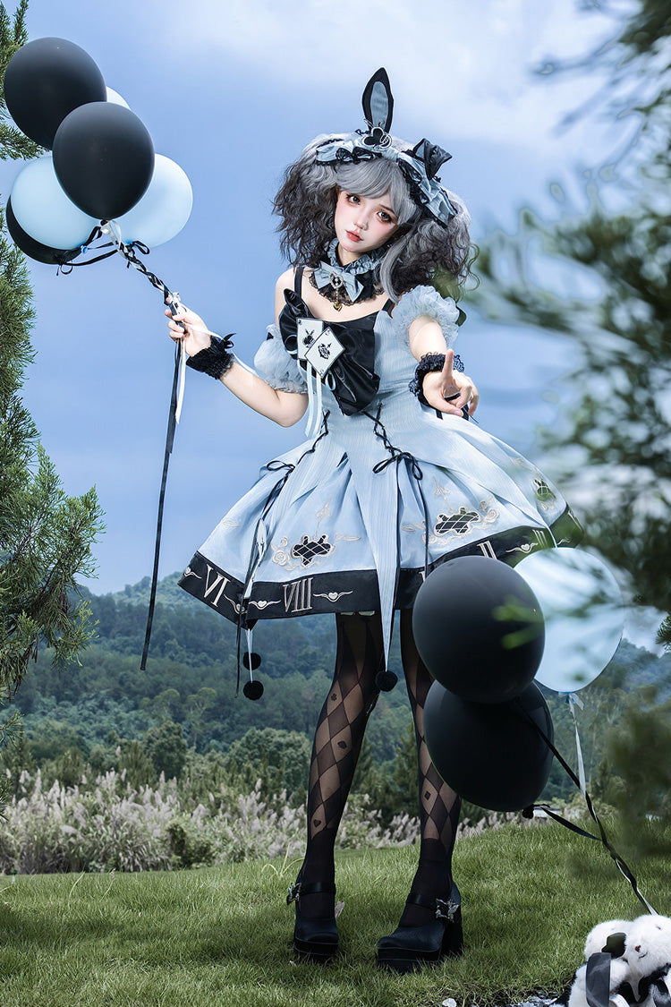 Blue [The Clock Rabbit's Card Game] Sleeveless Jacquard Ruffled Embroidered Bow Lace-Up Gothic Lolita Jsk Dress - Product - 7