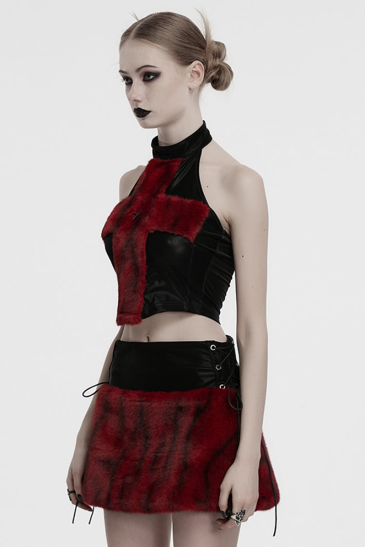 Black/Red Halterneck Sleeveless Cross Faux Fur Stitching Women's Punk Vest - Product - 2