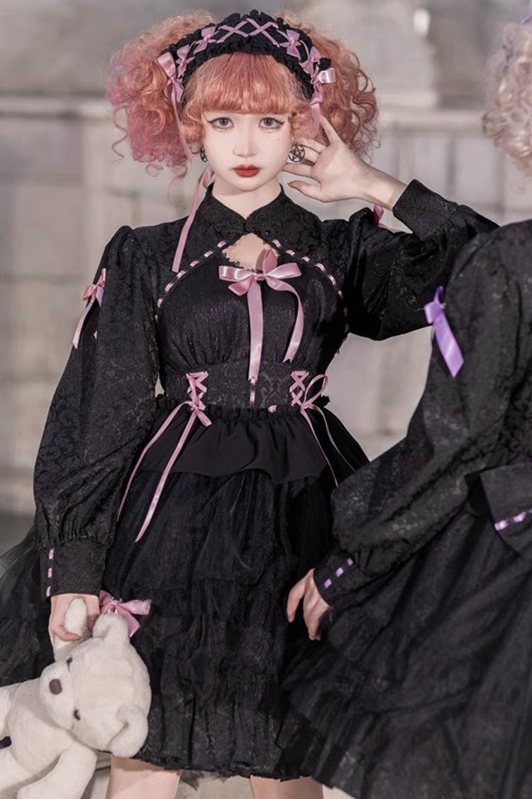 [Love Song] Long Sleeves Multi-Layered Jacquard Ruffle Bowknot Sweet Gothic Lolita Dress 3 Colors - Product - 4
