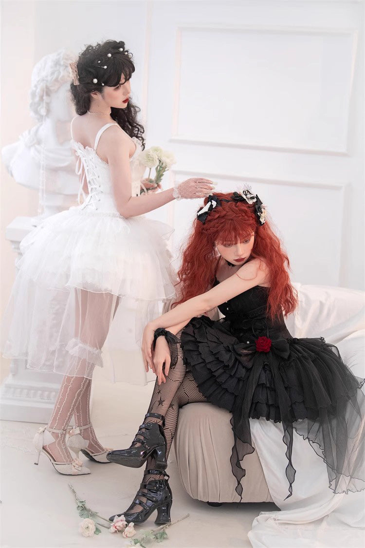 White High Waisted Multi-layer Rose Bowknot Lace-Up Gothic Lolita Jsk Dress - Product - 11