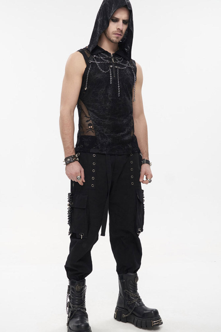 Black Punk Tatting Multi-Pocket Metal Chain Cargo Men's Pants - Product - 6