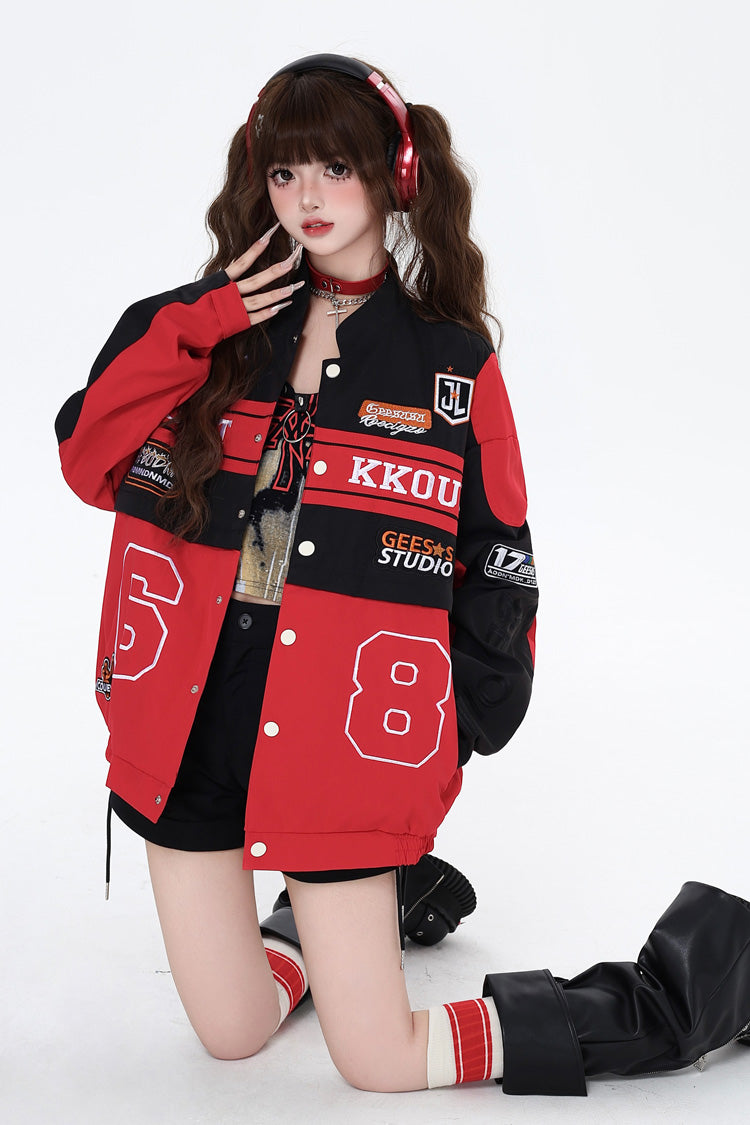 [Biker Girl] Long Sleeves Print Embroidery Zipper Detachable Jirai Kei Coat 3 Colors - Product - 5