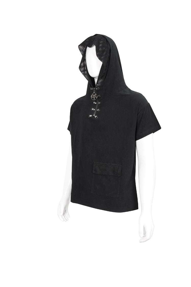 Black Hooded Mesh Splice Zipper Back Openwork Lace-Up Casual Short Sleeve Men's Punk T-Shirt - Product - 8