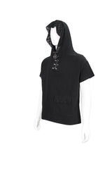 Black Hooded Mesh Splice Zipper Back Openwork Lace-Up Casual Short Sleeve Men's Punk T-Shirt - Product - 8