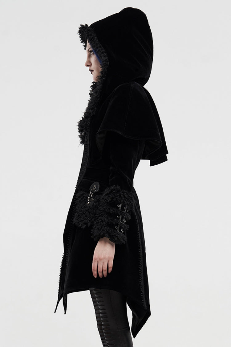 Black Long Sleeves Metal Buckle Hooded Womens Gothic Cloak Coat - Product - 2