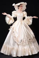 White Court Style High Waisted Flowers Decoration Hime Sleeves Victorian Lolita Prom Dress - Product - 4