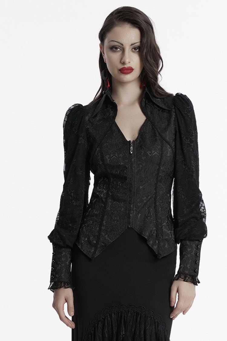 Black V Collar Long Puff Sleeves Lace-Up Zipper Women's Gothic Blouse - Black - 1